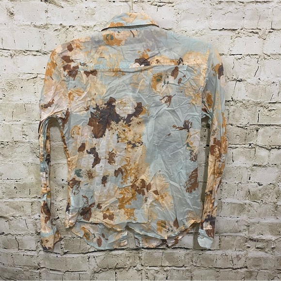 Talbots Blue Beige Floral Print Cotton Thin Button Up Top - Picture 3 of 5
